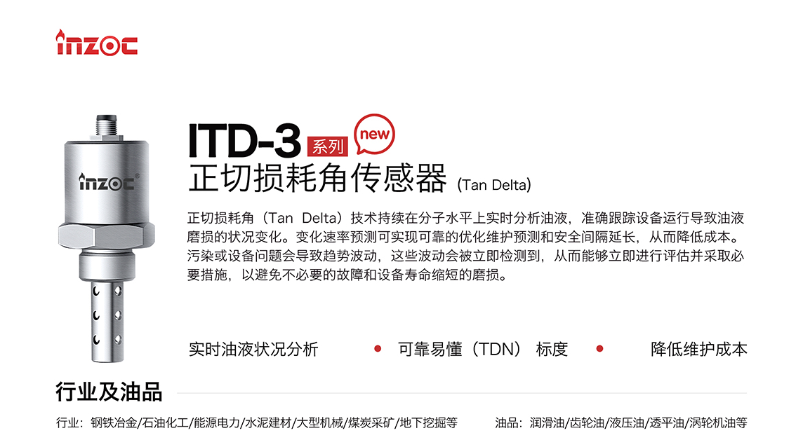 ITD-3 系列油液正切損耗角(Tan Delta)傳感器技術(shù)持續(xù)在分子水平上實(shí)時(shí)分析油液，準(zhǔn)確跟蹤設(shè)備運(yùn)行導(dǎo)致油液磨損的狀況變化。變化速率預(yù)測可實(shí)現(xiàn)可靠的優(yōu)化維護(hù)預(yù)測和安全間隔延長，從而降低成本。污染或設(shè)備問題會(huì)導(dǎo)致趨勢波動(dòng)，這些波動(dòng)會(huì)被立即檢測到，從而能夠立即進(jìn)行評估并采取必要措施，以避免不必要的故障和設(shè)備壽命縮短的磨損。應(yīng)用行業(yè)：鋼鐵冶金/石油化工/能源電力/水泥建材/大型機(jī)械/煤炭采礦/地下挖掘等，適用油品:潤滑油/齒輪油/液壓油/透平油/渦輪機(jī)油等。